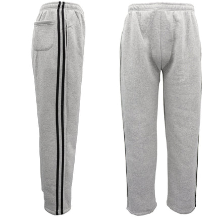 Men's Fleece Lined Casual Sports Track Striped Sweat Pants Trousers Gym Trackies - Light Grey w Black Stripes