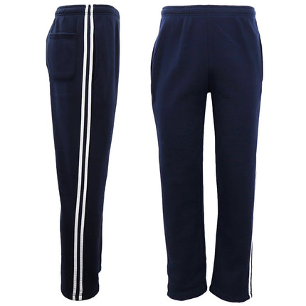 Men's Fleece Lined Casual Sports Track Striped Sweat Pants Trousers Gym Trackies - Navy w White Stripes