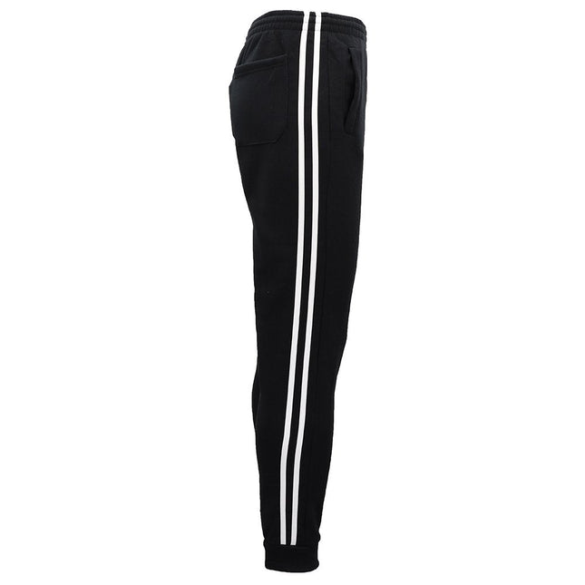 Men's Fleece Lined Striped Sweat Track Pants Cuffed Hem Casual Sports Trousers - Black w White Stripes