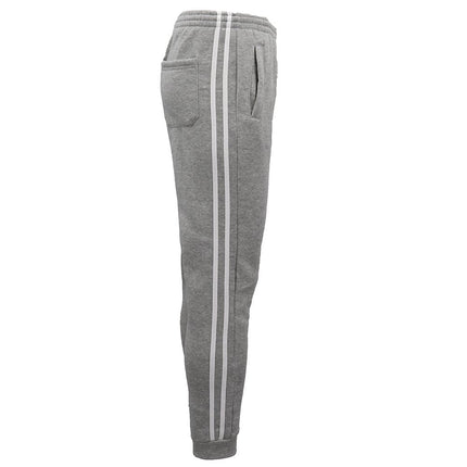 Men's Fleece Lined Striped Sweat Track Pants Cuffed Hem Casual Sports Trousers - Light Grey w White Stripes