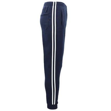 Men's Fleece Lined Striped Sweat Track Pants Cuffed Hem Casual Sports Trousers - Navy w White Stripes