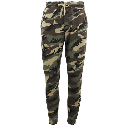 Men's Fleece Track Pants Military Camouflage Tactical Gym Trousers w Cuffed Hem - Green Camo