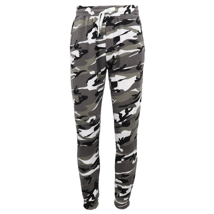 Men's Fleece Track Pants Military Camouflage Tactical Gym Trousers w Cuffed Hem - White Camo