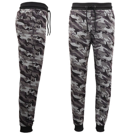 Men's Fleece Track Pants Military Camouflage Tactical Sport Trousers Cuffed Hem - Grey Camo