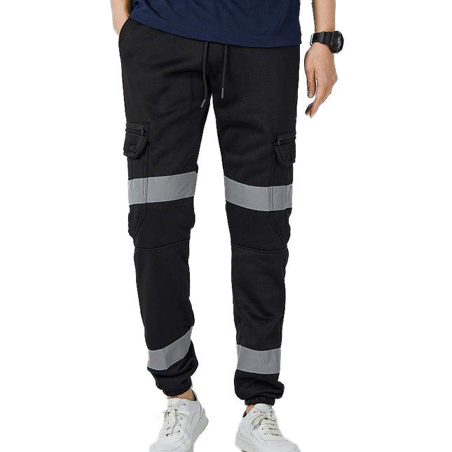 Mens Hi Vis Fleece Pants Reflective Tapes Cargo Workwear Safety Track Trousers - Black