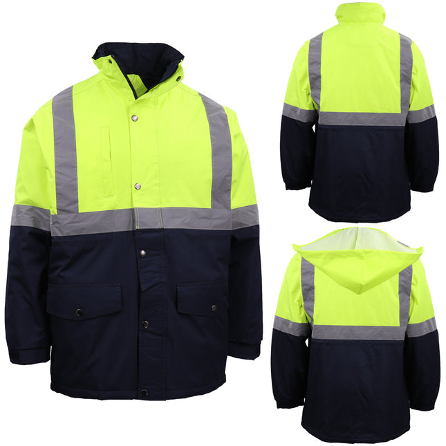 Men's Hi Vis Waterproof Rain Jacket Reflective Tape Quilted Workwear Hooded Coat - Fluro Yellow / Navy