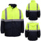 Men's Hi Vis Waterproof Rain Jacket Reflective Tape Quilted Workwear Hooded Coat - Fluro Yellow / Navy