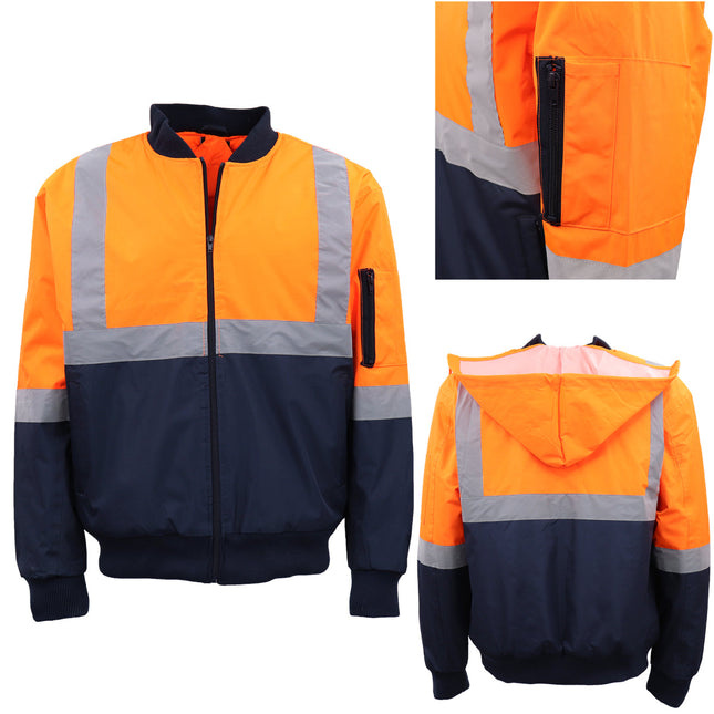 mens-hi-vis-waterproof-rain-jacket-workwear-reflective-tape-hooded-bomber-jumper