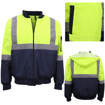 Mens Hi Vis Waterproof Rain Jacket Workwear Reflective Tape Hooded Bomber Jumper - Fluro Yellow / Navy