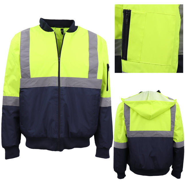 mens-hi-vis-waterproof-rain-jacket-workwear-reflective-tape-hooded-bomber-jumper