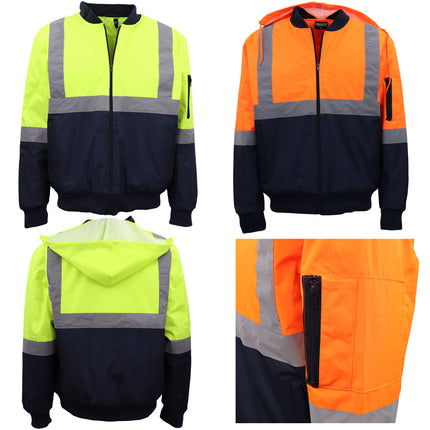 mens-hi-vis-waterproof-rain-jacket-workwear-reflective-tape-hooded-bomber-jumper