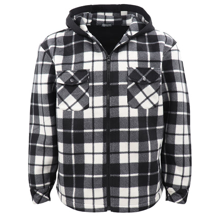 Men's Hooded Flannel Jacket Flannelette Plaid Fleece Shirt Zip Up Winter Coat - Black