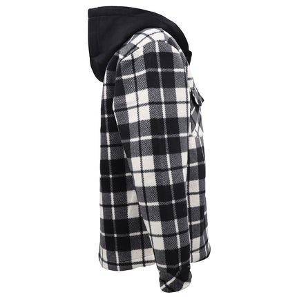 Men's Hooded Flannel Jacket Flannelette Plaid Fleece Shirt Zip Up Winter Coat - Black