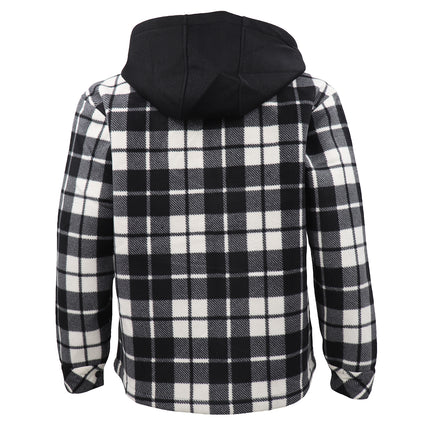 Men's Hooded Flannel Jacket Flannelette Plaid Fleece Shirt Zip Up Winter Coat - Black
