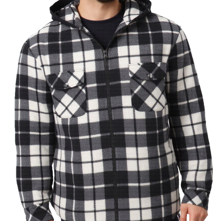 Men's Hooded Flannel Jacket Flannelette Plaid Fleece Shirt Zip Up Winter Coat - Black