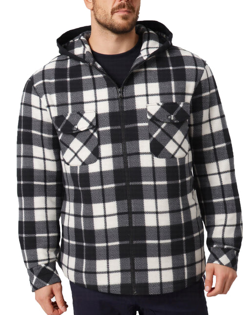 Men's Hooded Flannel Jacket Flannelette Plaid Fleece Shirt Zip Up Winter Coat - Black