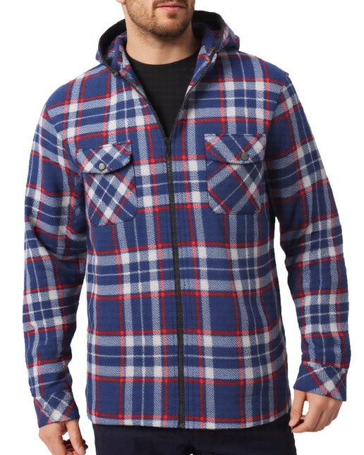 Men's Hooded Flannel Jacket Flannelette Plaid Fleece Shirt Zip Up Winter Coat - Blue