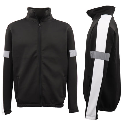 Men's Track Suit Jacket w Reflective Tape Windproof Sports Jumper Sweatshirts - Black