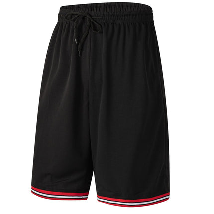 Men's Plain Basic Basketball Sports Shorts Gym Jogging Board Sweat Casual Pants - Black w Red
