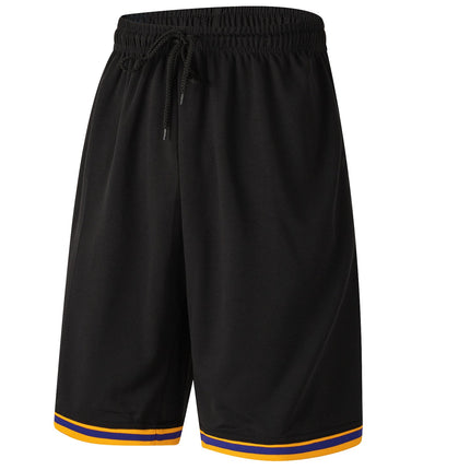 Men's Plain Basic Basketball Sports Shorts Gym Jogging Board Sweat Casual Pants - Black w Yellow