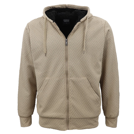 Khaki Sherpa Lined Men's Winter Jacket Coat - Full Zip Jacquard Hoodie