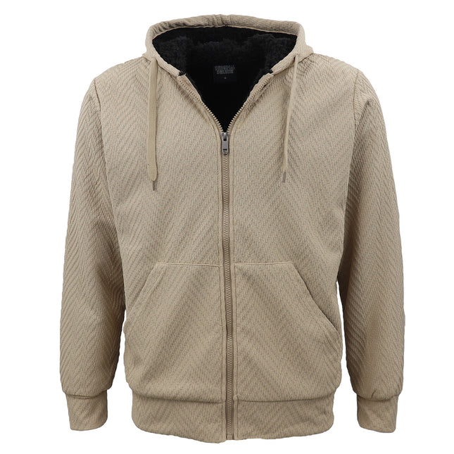 Khaki Sherpa Lined Men's Winter Jacket Coat - Full Zip Jacquard Hoodie