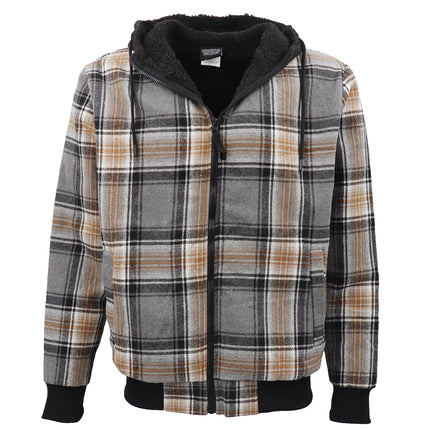 Men's Thick Sherpa Fur Lined Plaid Hoodie Shirt Jacket Zip Hooded Coat Sweater - Black & Yellow