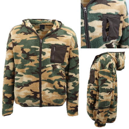 Men's Polar Fleece Jacket w Contrast Pocket Camouflage Teddy Coat Hooded Jumper - Camo Green