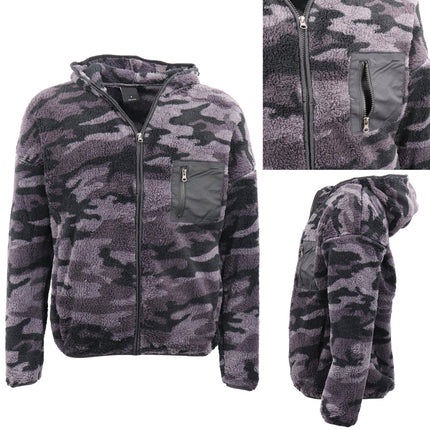 Men's Polar Fleece Jacket w Contrast Pocket Camouflage Teddy Coat Hooded Jumper - Camo Grey