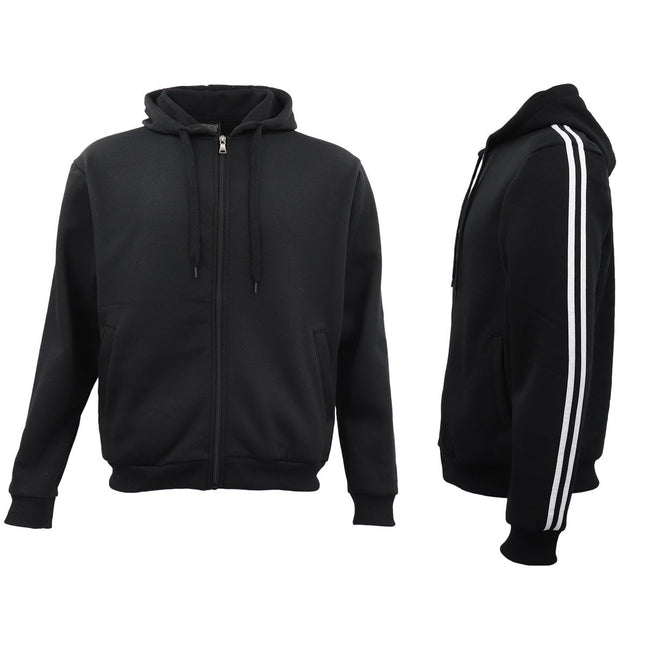 Mens Unisex Sports Zip Up Hoodie Hooded Jacket Fleece Sweat Shirt Jumper Sweater - Black w White Stripes