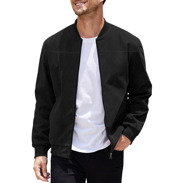 Men's Varsity Bomber Flight Jacket Breathable Windbreaker Zip Coat Faux Leather - Black