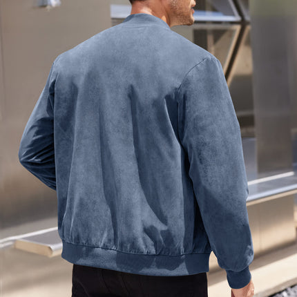Men's Varsity Bomber Flight Jacket Breathable Windbreaker Zip Coat Faux Leather - Blue