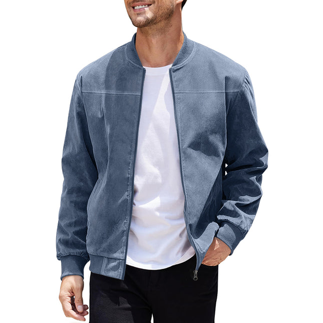 Men's Varsity Bomber Flight Jacket Breathable Windbreaker Zip Coat Faux Leather - Blue