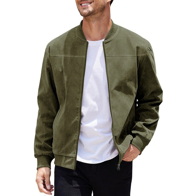 Men's Varsity Bomber Flight Jacket Breathable Windbreaker Zip Coat Faux Leather - Green