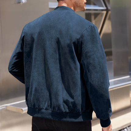 Men's Varsity Bomber Flight Jacket Breathable Windbreaker Zip Coat Faux Leather - Navy