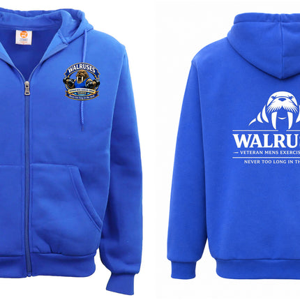 Adult Men's Unisex Zip-Up Fleece Hoodie Sweatshirt - Royal Blue with Walruses Prints