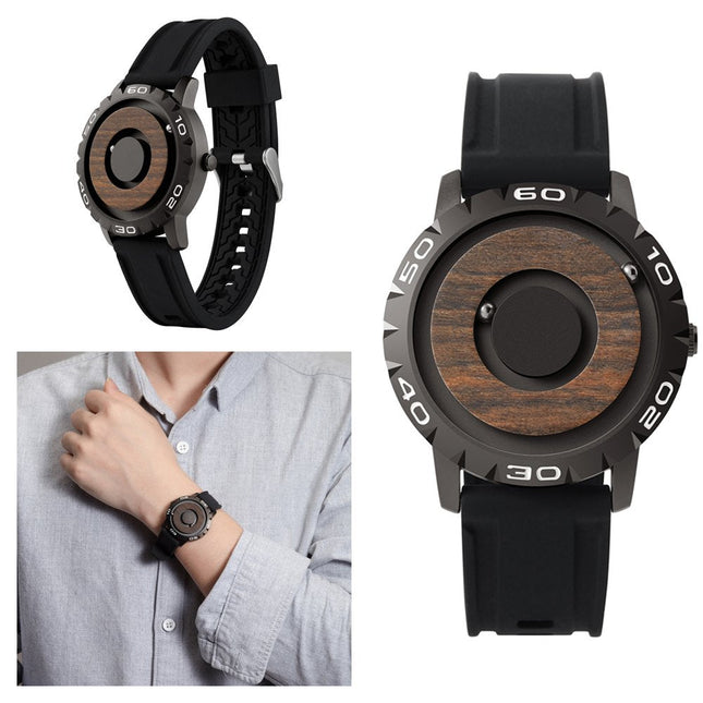 New Magnetic Wooden Quartz Wrist Watch No Pointer Sports Rubber Waterproof Strap - Zmart Australia