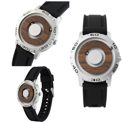 New Magnetic Wooden Quartz Wrist Watch No Pointer Sports Rubber Waterproof Strap - Zmart Australia