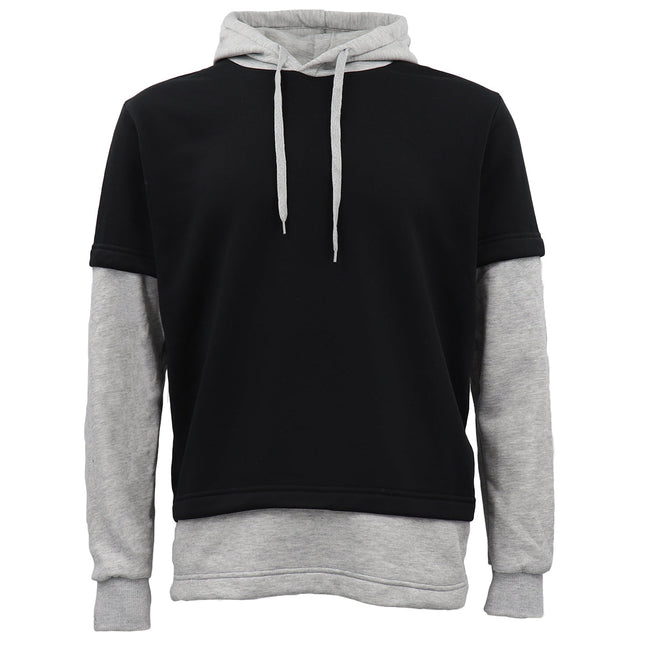 New Men's Fleece 2-in-1 Two Tone Hoodie Pullover Jumper Casual Jacket Sweatshirt - Black w Grey