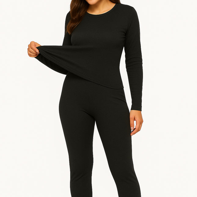 New Women's Merino Wool Thermal 2PCS Set Top Pants Leggings Underwear - Black