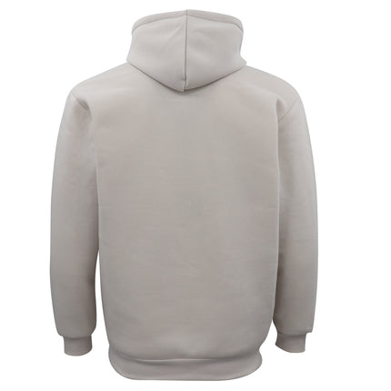 Back view of Overcast unisex pullover hoodie showing hood, long sleeves and ribbed hem