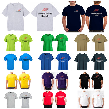Victorian Muscle Network cotton T-shirt front and back designs in multiple colours