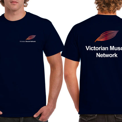 Victorian Muscle Network Navy cotton T-shirt with front left chest and back logos
