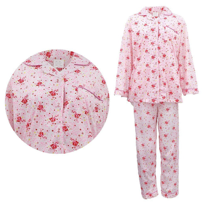 Women's 100% Cotton 2PCS Set Long Sleeve Nightie Sleepwear PJ Pajamas Pyjamas - Pink