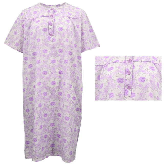 Women's 100% Cotton Short Sleeves Night Dress Gown Nightie Pajamas PJs Sleepwear - Lilac