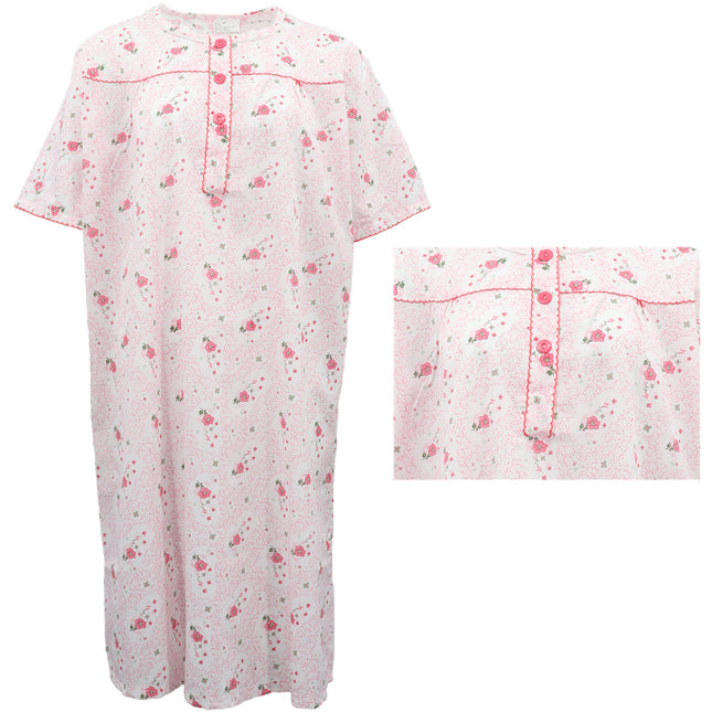 Women's 100% Cotton Short Sleeves Night Dress Gown Nightie Pajamas PJs Sleepwear - Pink