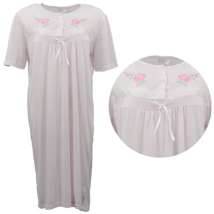 Women's 100% Cotton Short Sleeves Nightie Night Gown Pajamas PJs Sleepwear Dress - Light Pink