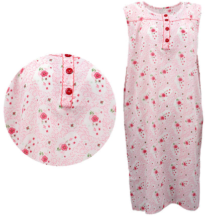 Women's 100% Cotton Sleeveless Long Nightie Night Dress Pajamas Sleepwear Button - Red Flowers