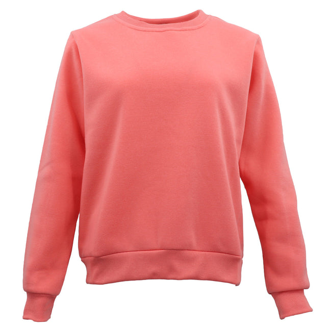 Women's Adult Plain Pullover Fleece Jumper Long Sleeve Crew Neck Sweater Shirt - Coral Pink