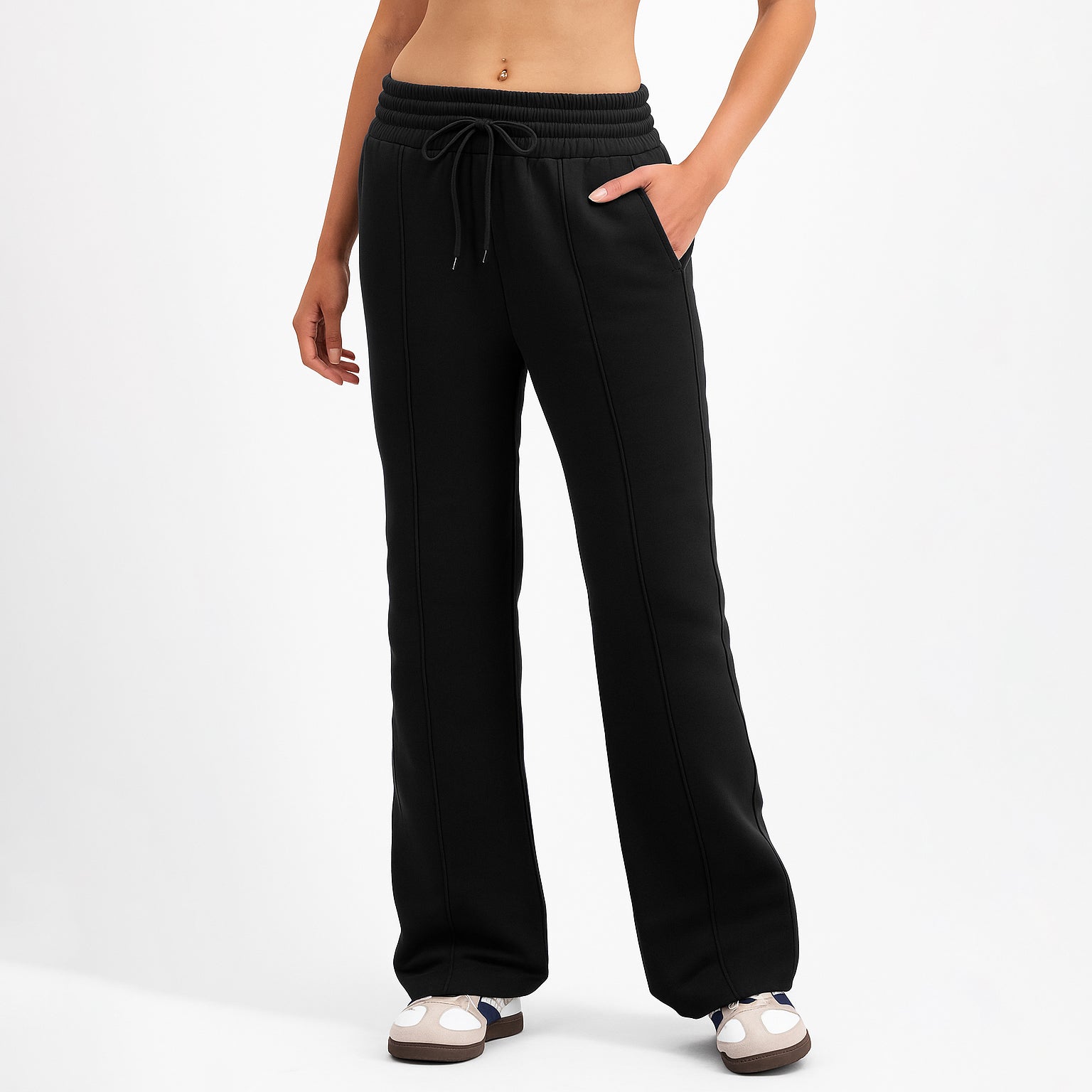 Black Wide Leg Joggers Trousers for Women Fleece Sweatpants w